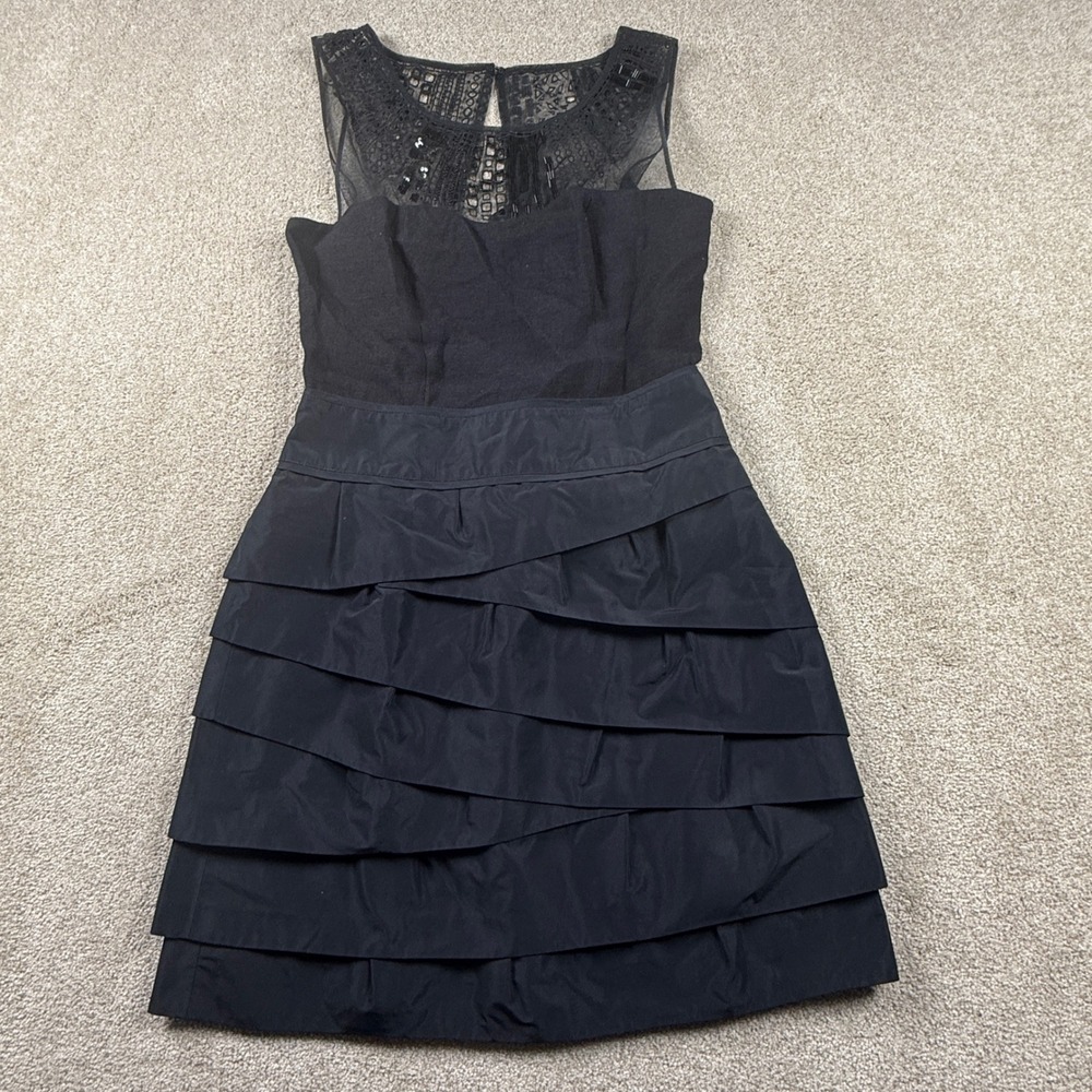 BCBGMAXAZRIA Womens‎ 2 Black Cocktail Dress Ladies Beaded Mesh Tiered Ruffle